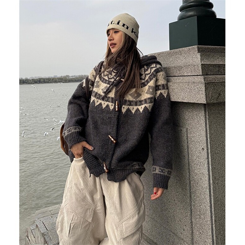 灰色费尔岛毛衣女款2025新款冬季穿搭慵懒高级感加厚针织开衫外套,男装针织衫/毛衣,星座813-2