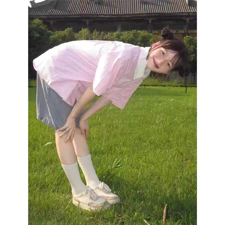 日系复古拼接粉色条纹短袖衬衫女学院风宽松百搭设计感小众衬衣潮,男装衬衫,星座1210-1