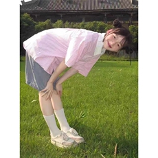 日系复古拼接粉色条纹短袖衬衫女学院风宽松百搭设计感小众衬衣潮，男装衬衫，星座1210-1