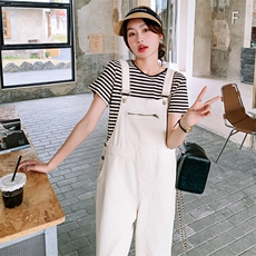 2023夏季新款休闲宽松减龄纯色背带裤?条纹短袖T恤两件套套装女，女装连体裤，辉之琳