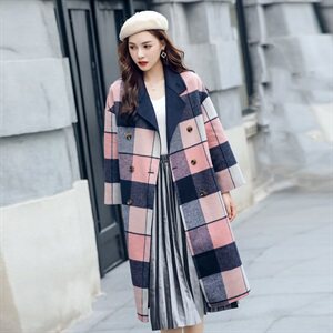 双面羊绒大衣秋冬装宽松小清新格子80%羊毛呢外套图片