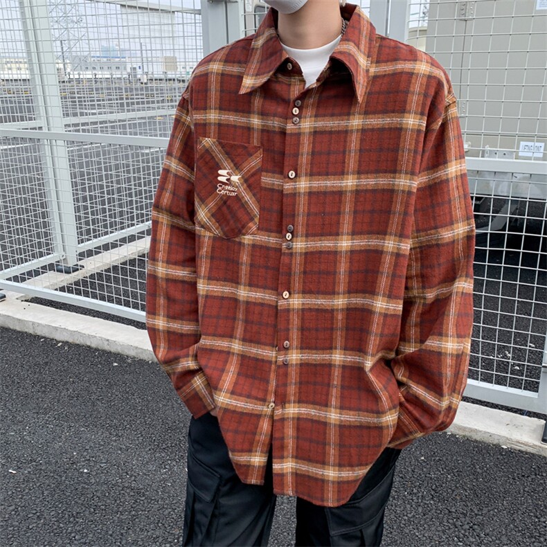 美式复古格子复古休闲宽松男设计感vintage潮长袖衬衫S6601-p48,男装衬衫,星座1008