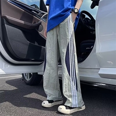 条纹休闲裤男士夏季薄款宽松直筒裤子美式潮牌青少年运动长裤，男装休闲裤，星座1013