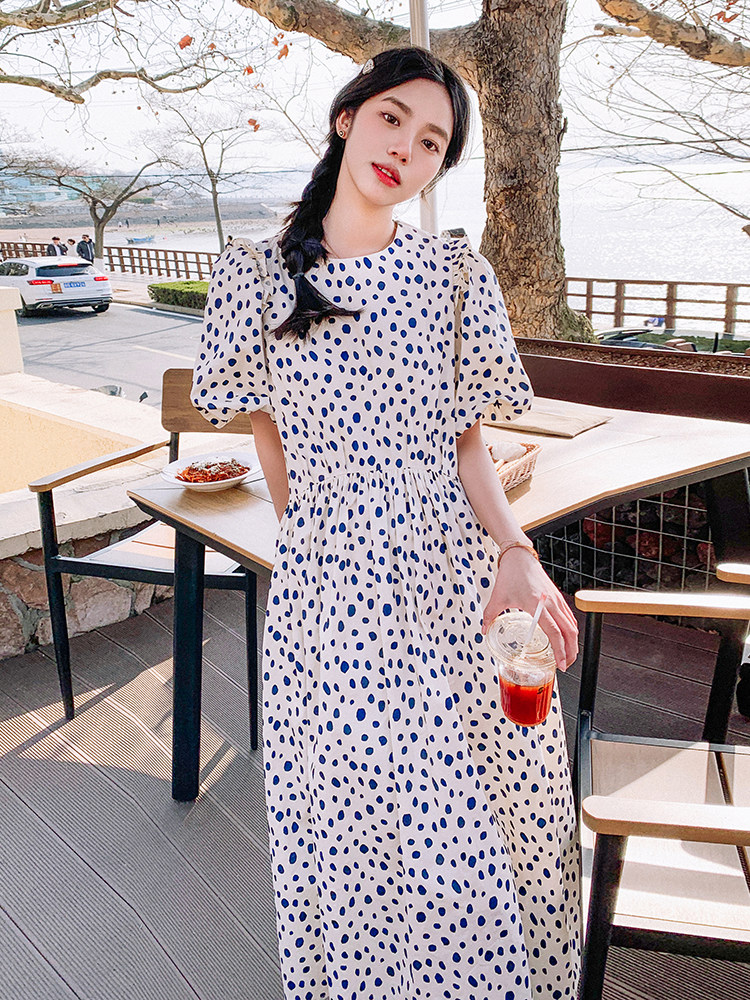 夏季新款小众设计高级感波点连衣裙韩版休闲宽松泡泡袖连衣裙,女装连衣裙,辉之琳