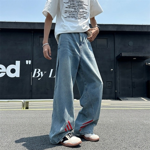 复古微喇黄泥蓝牛仔裤男宽松条纹拼接休闲工装阔腿长裤RK3098-P51图片