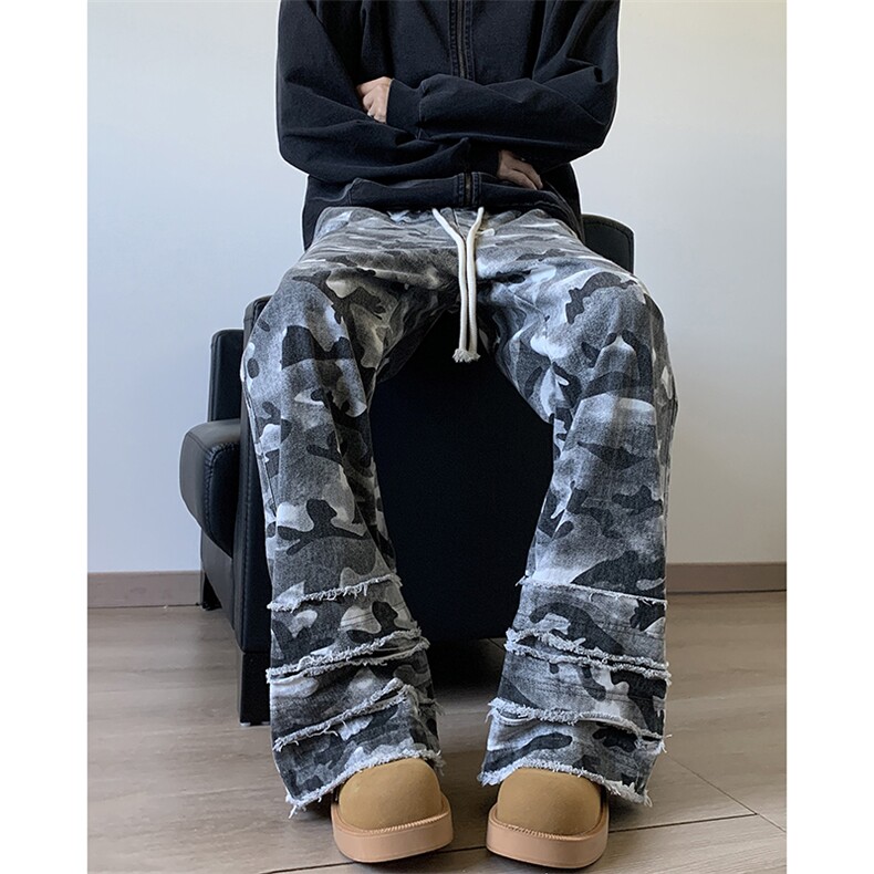 得物品质秋款男迷彩牛仔裤流苏拼接系带直筒长裤NK701P55,男装牛仔裤,星座1013-1