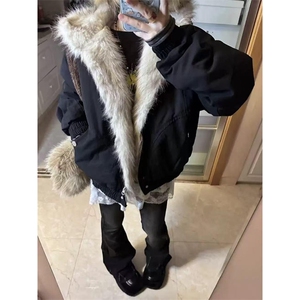 现货高品质美式高街冬季重磅硬挺短款座山雕毛领棉衣男女加厚外套图片