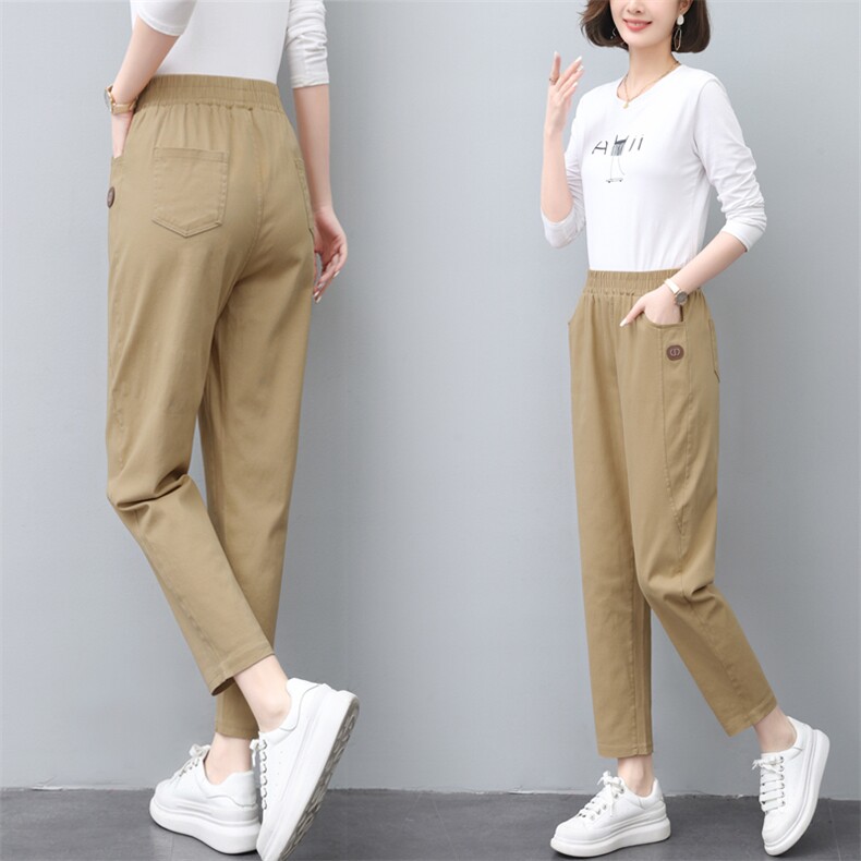 2025夏季新款卡其色休闲裤女时尚宽松显瘦百搭松紧腰裤子，女装休闲裤，璐依舞