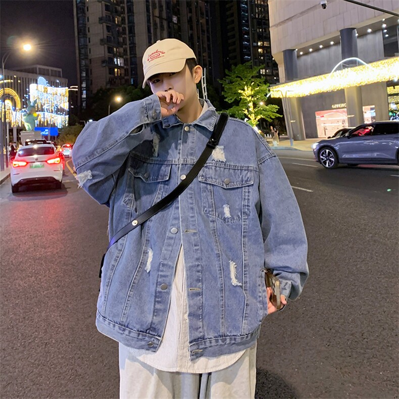 牛仔外套男韩版潮流破洞高街帅2023春秋新款ins宽松夹克W4612-P60,男装大码男装,星座412-2