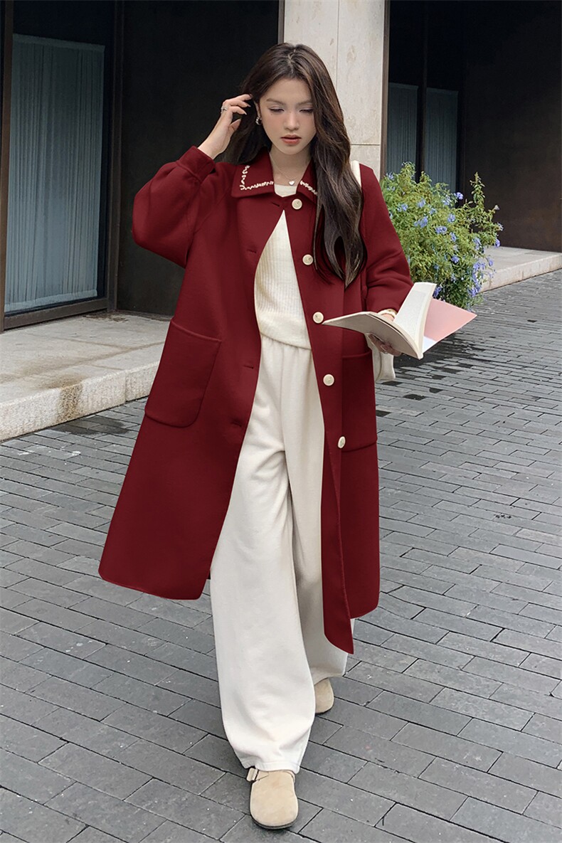 新年红色双面羊绒大衣女结婚2025秋冬新款高级感中长款羊毛呢外套,女装双面呢大衣,丝露依尚（原SL）