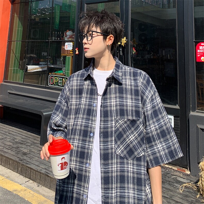 短袖衬衫男夏季新款磨毛格子衬衣DX711-特批25无差价，男装T恤，星座214-3