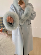 【依嘟】2025冬廓形可脱卸狐狸毛领高级感过膝显瘦羊毛外套(，女装双面呢大衣，依嘟服饰