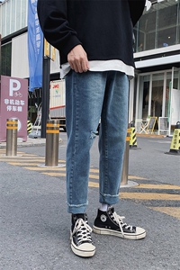 坠感阔腿破洞九分牛仔裤港风裤子男宽松韩版潮流直筒潮牌7101-P35图片
