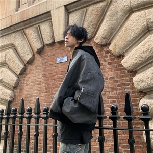 春秋季假两件双拉链设计感连帽棒球夹克外套宽松街头风上衣图片
