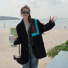 年秋季时尚设计感小众撞色宽松西服黑色休闲减龄外套，女装西装，帛香坊