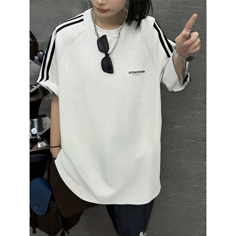 抖音得物供货240克宽松纯棉美式潮牌印花三杠全带短袖T恤AT1402，男装T恤，电商A443