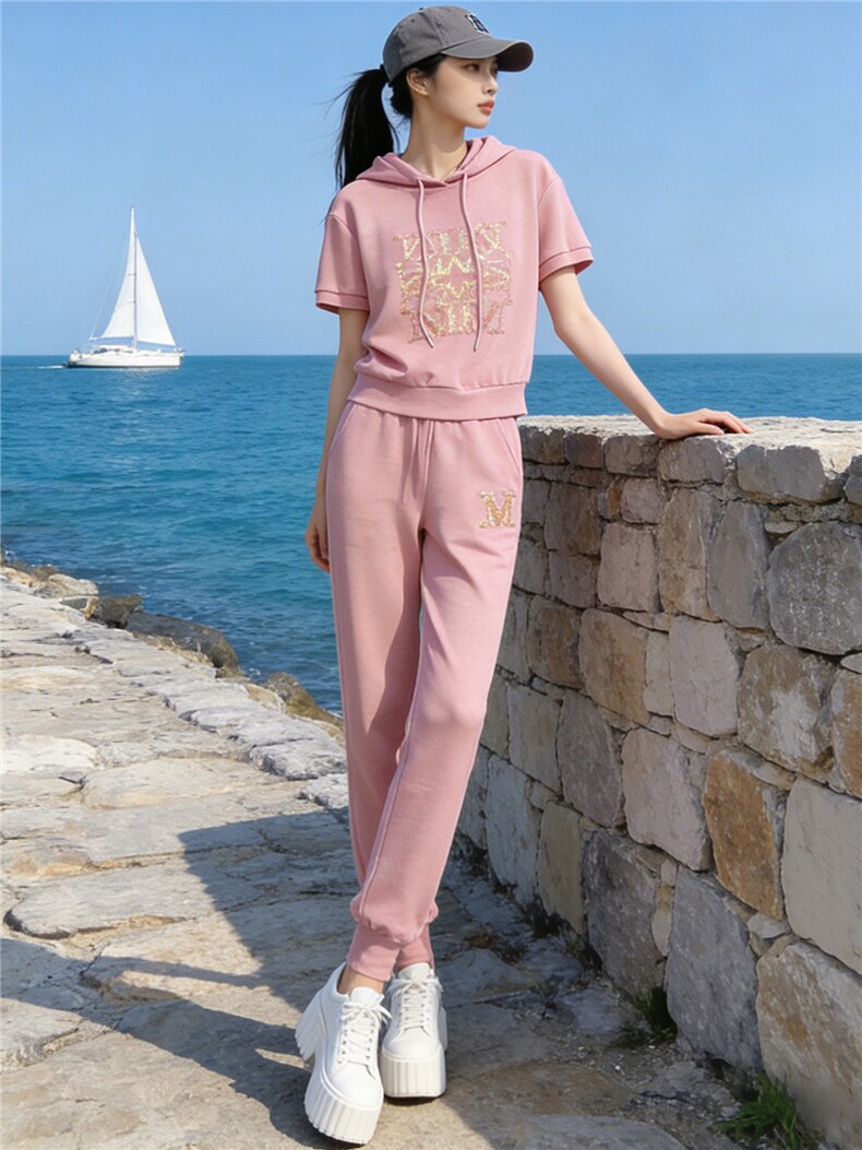 时尚减龄休闲套装女夏季新款粉色连帽短袖卫衣休闲束脚长裤两件套,女装套装/套裙,江南
