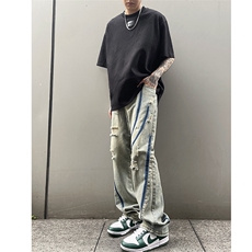 B221美式ins高街小众个性男女破洞牛仔裤LK23001-P65控88，男装牛仔裤，电商B221