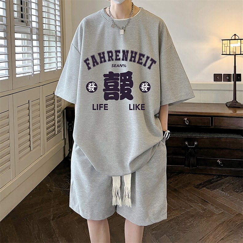 华夫格套装运动短袖t恤套装休闲两件套一套HZ84256-P44,男装T恤,电商A040