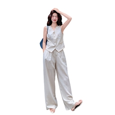 简约老钱风重工刺绣马甲阔腿裤套装女2026夏季显瘦超好看一整套，女装套装/套裙，冬木谷雨