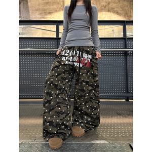 BeOurRule 美式复古星星迷彩弯刀加绒卫裤男女休闲裤宽松阔腿裤潮图片