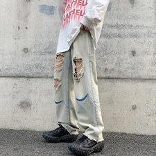 韩版破洞牛仔裤2023夏季新款美式街头直筒休闲阔腿裤K3404-P42，男装牛仔裤，星座512-2