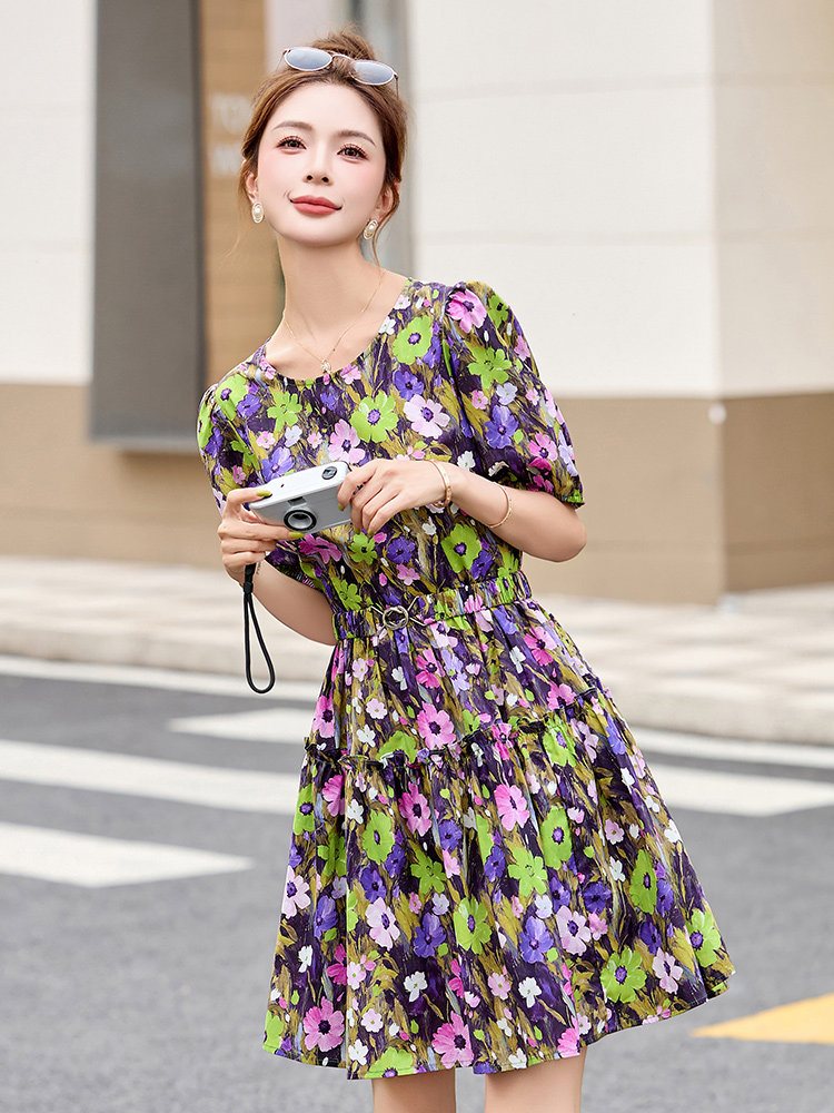 2025年夏季新款紫色五彩花宽松连衣裙女,女装连衣裙,沁沁公主