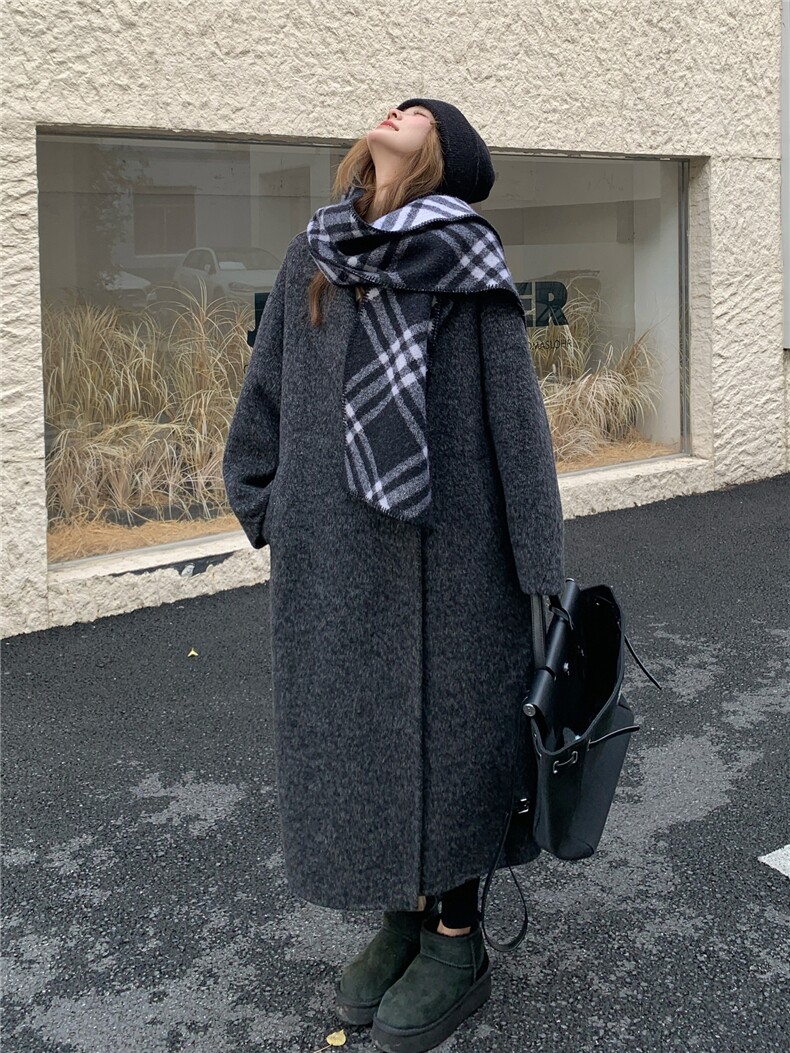 现货新款韩范中长款过膝双面羊绒大衣黑灰色高端毛呢外套女装,女装双面呢大衣,网红馆