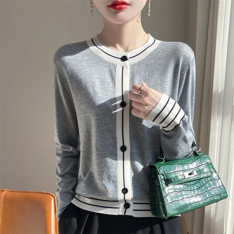 2025新款拼色圆领精纺羊毛开衫女宽松慵懒风长袖针织毛衣外套上衣，女装羊毛衫，总能电商供货