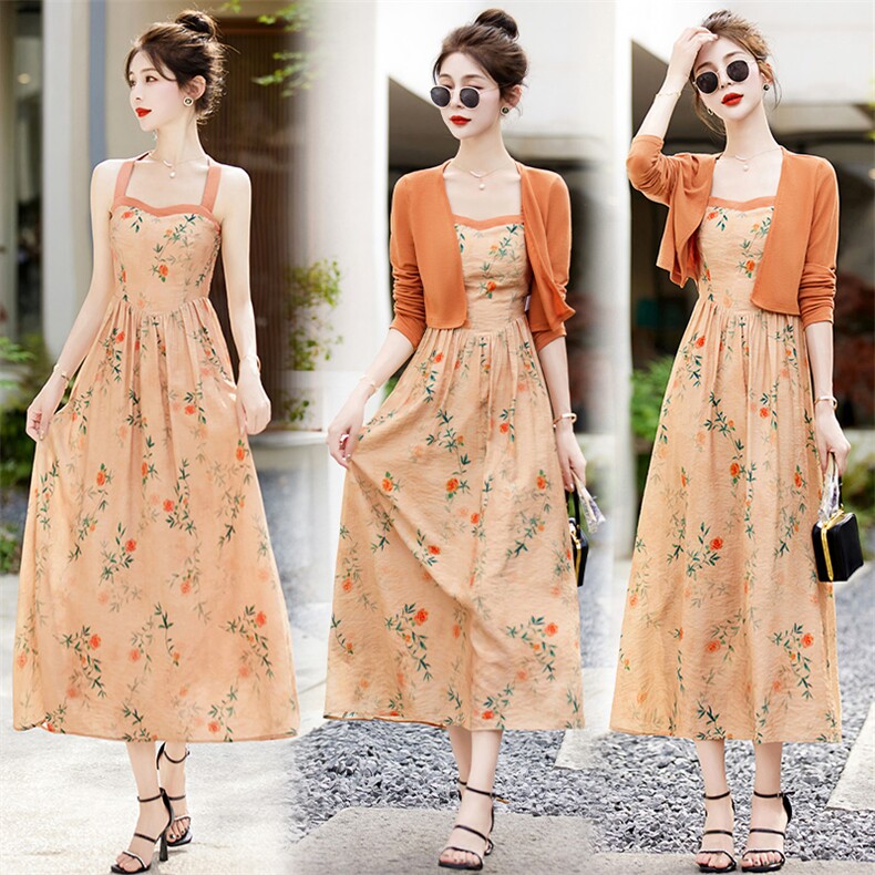 碎花吊带两件套连衣裙女夏季时尚流行复古法式套装裙子夏外搭开衫，女装套装/套裙，布芭啦