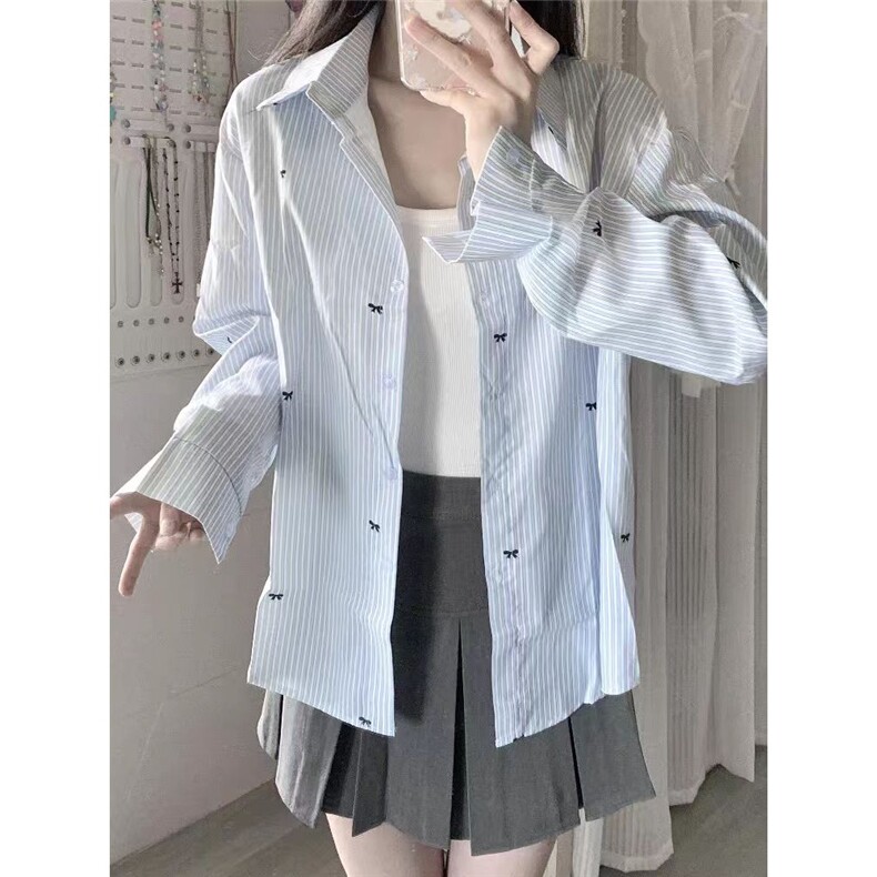 蝶结印花衬衫女2025年夏季新款宽松长袖浅蓝色条纹防晒衬衣上衣,男装防晒衣,星座506A