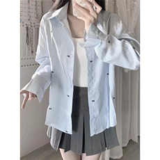蝶结印花衬衫女2025年夏季新款宽松长袖浅蓝色条纹防晒衬衣上衣，男装防晒衣，星座506A