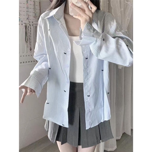 蝶结印花衬衫女2025年夏季新款宽松长袖浅蓝色条纹防晒衬衣上衣图片