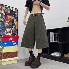 2025夏季铆钉七分工装裤男女情侣设计感阔腿裤牛仔中裤K6351-P55，男装工装外套，星座412-3