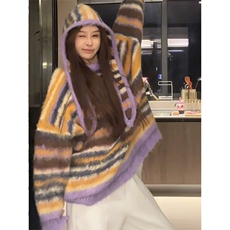 网图有货条纹慵懒风软糯撞色圆领针织毛衣男女A1133-P52帽子P22，男装针织衫/毛衣，星座1505