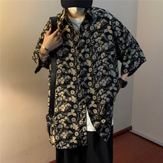 夏季新款宽松复古港味设计感短袖花衬衫ins痞帅休闲衬衣男女，男装衬衫，星座601-2