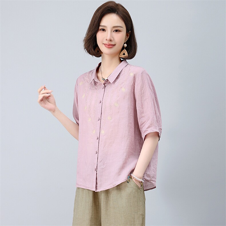 苎麻衬衫夏季2025新款刺绣薄款小衫上衣,女装衬衫,忆绮罗