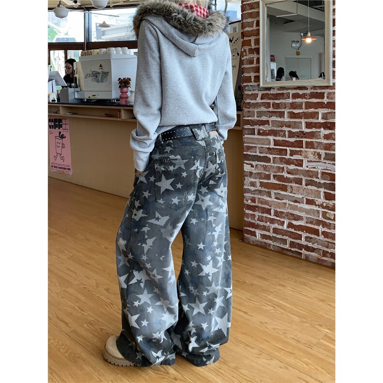 美式辣妹低腰星星满印牛仔裤女新款宽松百搭显瘦阔腿长裤,男装牛仔裤,星座506A
