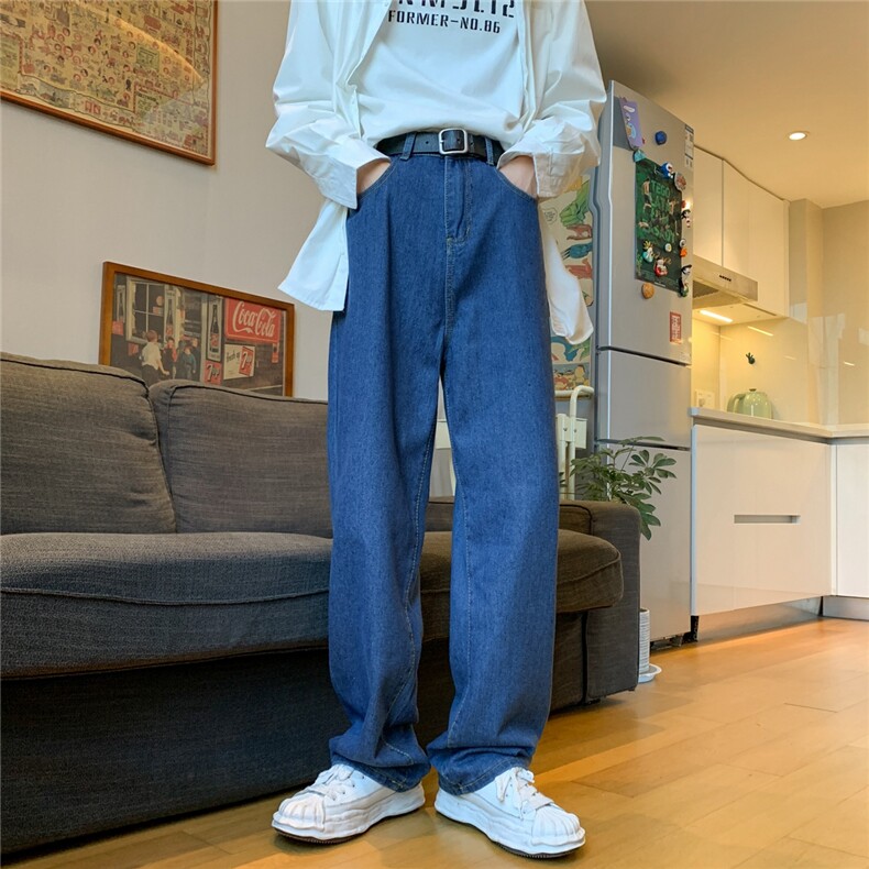 新款春季经典复古洗水牛仔纯色公版港风运动宽松长裤A068-n11-P50，男装休闲裤，电商A068