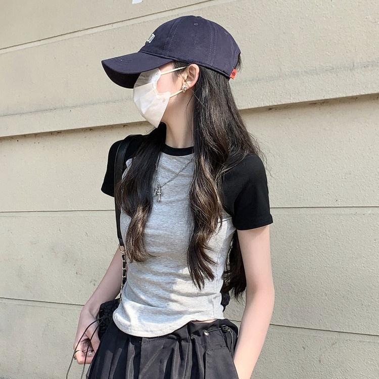 ZT9965-P33插肩袖不规则T恤小个子短款内搭修身短袖上衣,女装T恤,电商B245