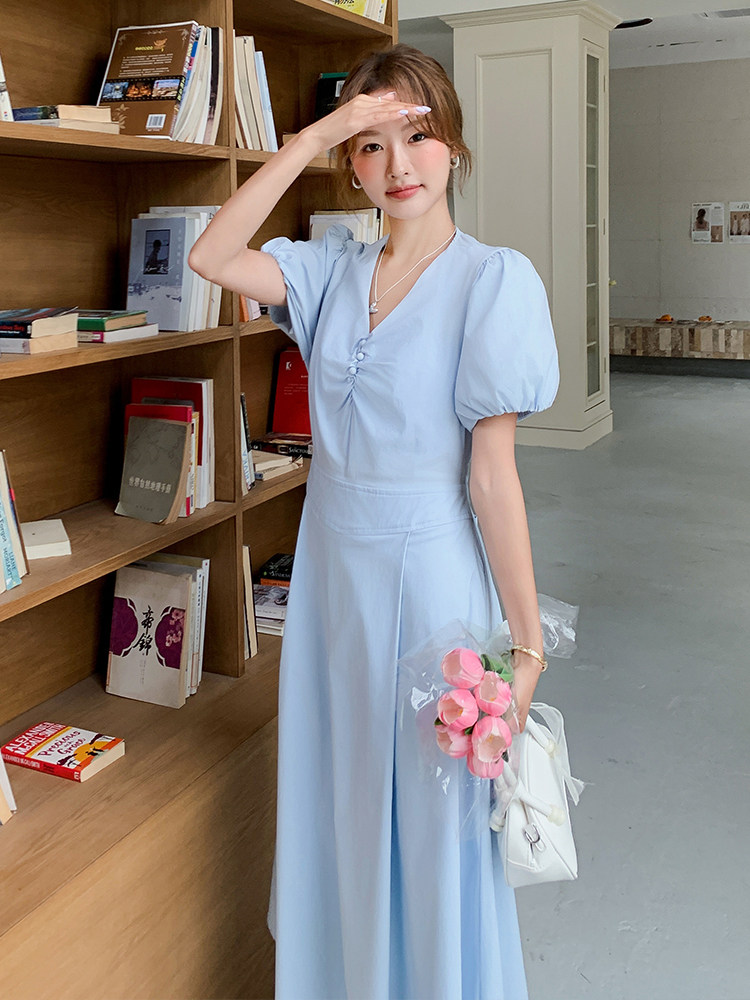 蓝色甜美初恋v领桔梗a字长裙新款泡泡袖2025法式森系淡人连衣裙夏,女装连衣裙,浙宝305