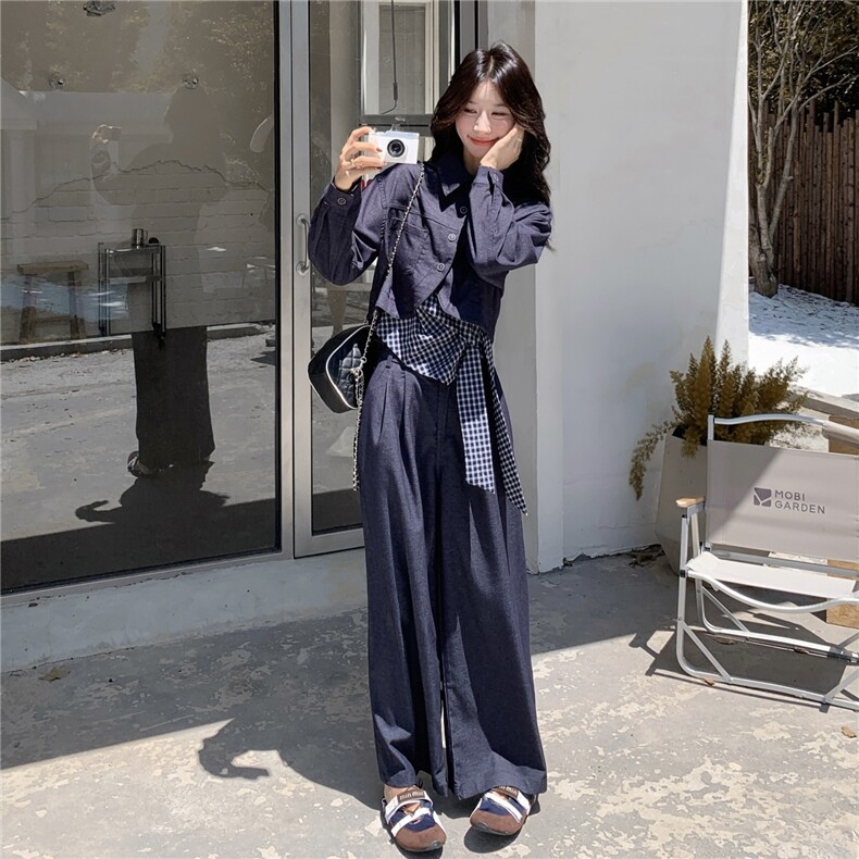 一整套穿搭牛仔套装女秋季2025新款高级感酷飒风吊带阔腿裤三件套,女装套装/套裙,2C133