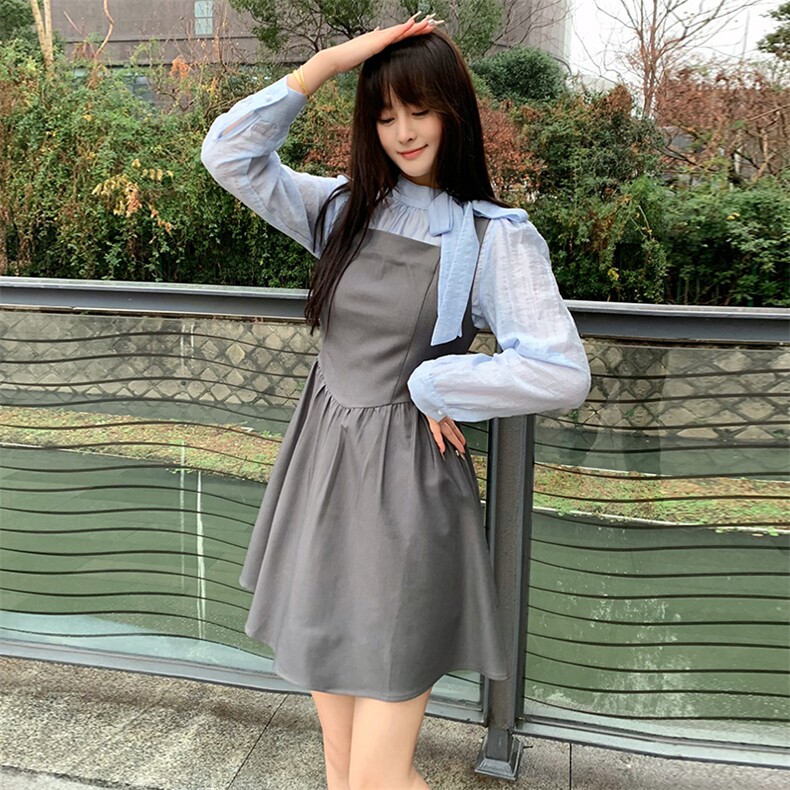 现货2024年春女时尚甜美法式蝴蝶绑衬衫网红气质显瘦背心裙两件套,女装套装/套裙,煊芮熙