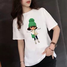 夏季新款时尚卡通女孩印花百搭纯色短袖T恤，女装T恤，L·H·X