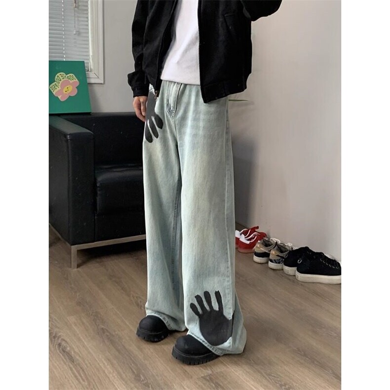 明星同款~手掌印花牛仔裤众高级感直筒裤子NZ553特P50,男装牛仔裤,星座908-1