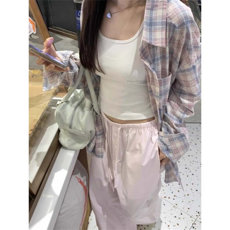 韩系慵懒风格子衬衫女大码中长款休闲外套上衣设计感长袖空调衫夏图片