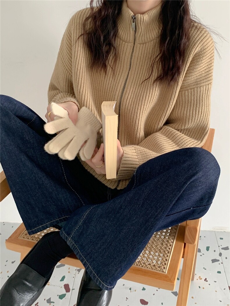 拉链纯色长袖针织开衫女宽松百搭休闲外套上衣,女装羊毛衫,恩泰羊绒