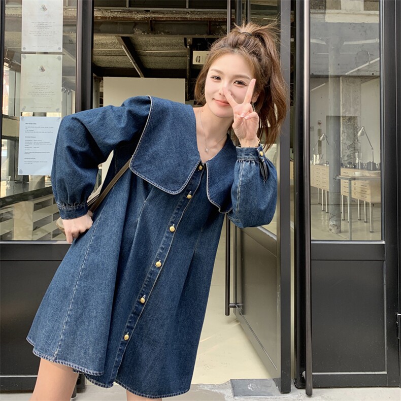 学院风牛仔连衣裙女春夏秋2025新款超火好看高级甜美风娃娃领短裙,女装套装/套裙,2C279