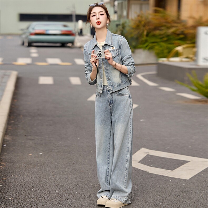 牛仔时尚套装女2025春季爆款小个子休闲洋气显瘦百搭气质两件套潮,女装短外套,新感觉