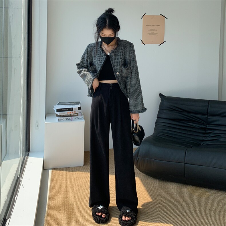 复古灯芯绒阔腿裤女秋冬2023新款欧棉绒宽松显瘦直筒拖地裤子女,女装休闲裤,梦白服饰厂